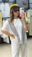 Kendinden Şal Detaylı Tshırt-GRİ