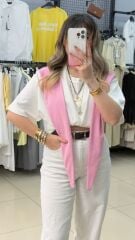 Kendinden Şal Detaylı Tshırt-PEMBE