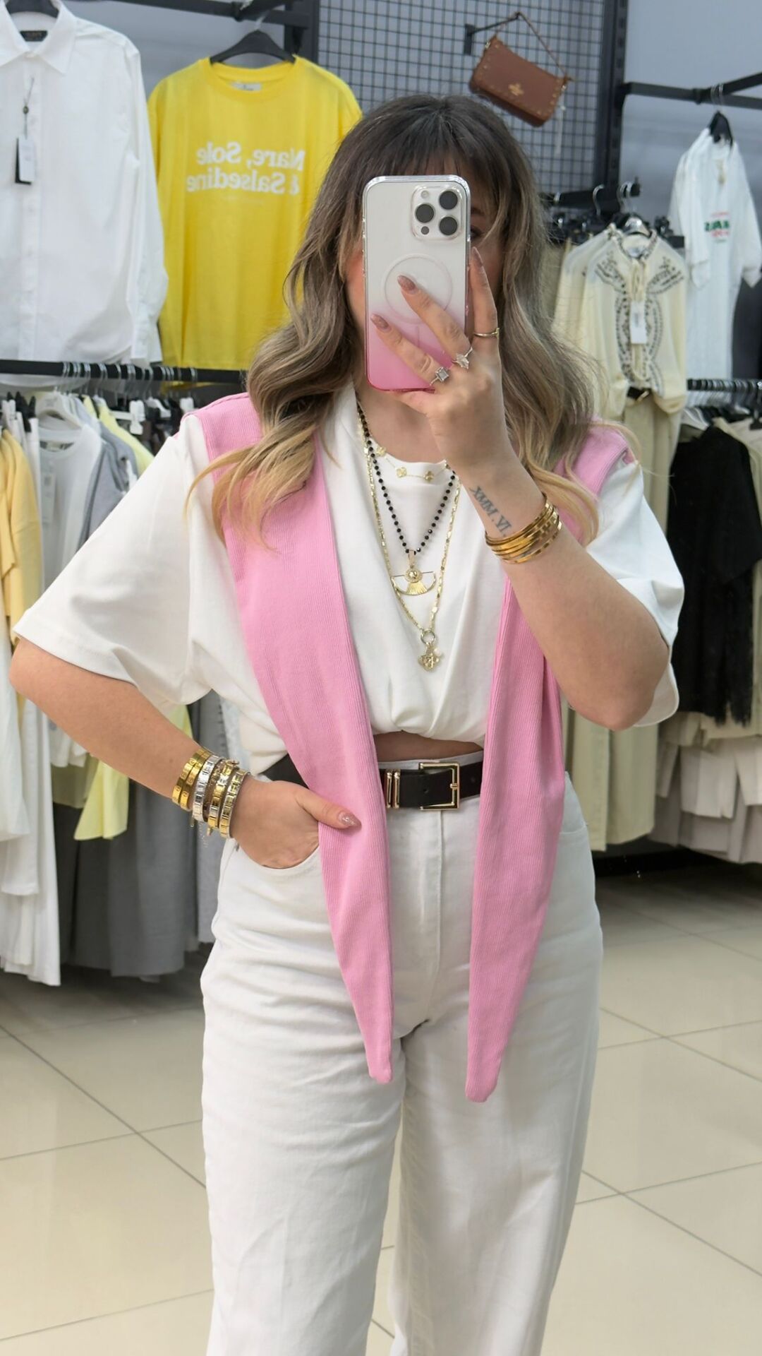 Kendinden Şal Detaylı Tshırt-PEMBE