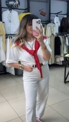 Kendinden Şal Detaylı Tshırt-KIRMIZI