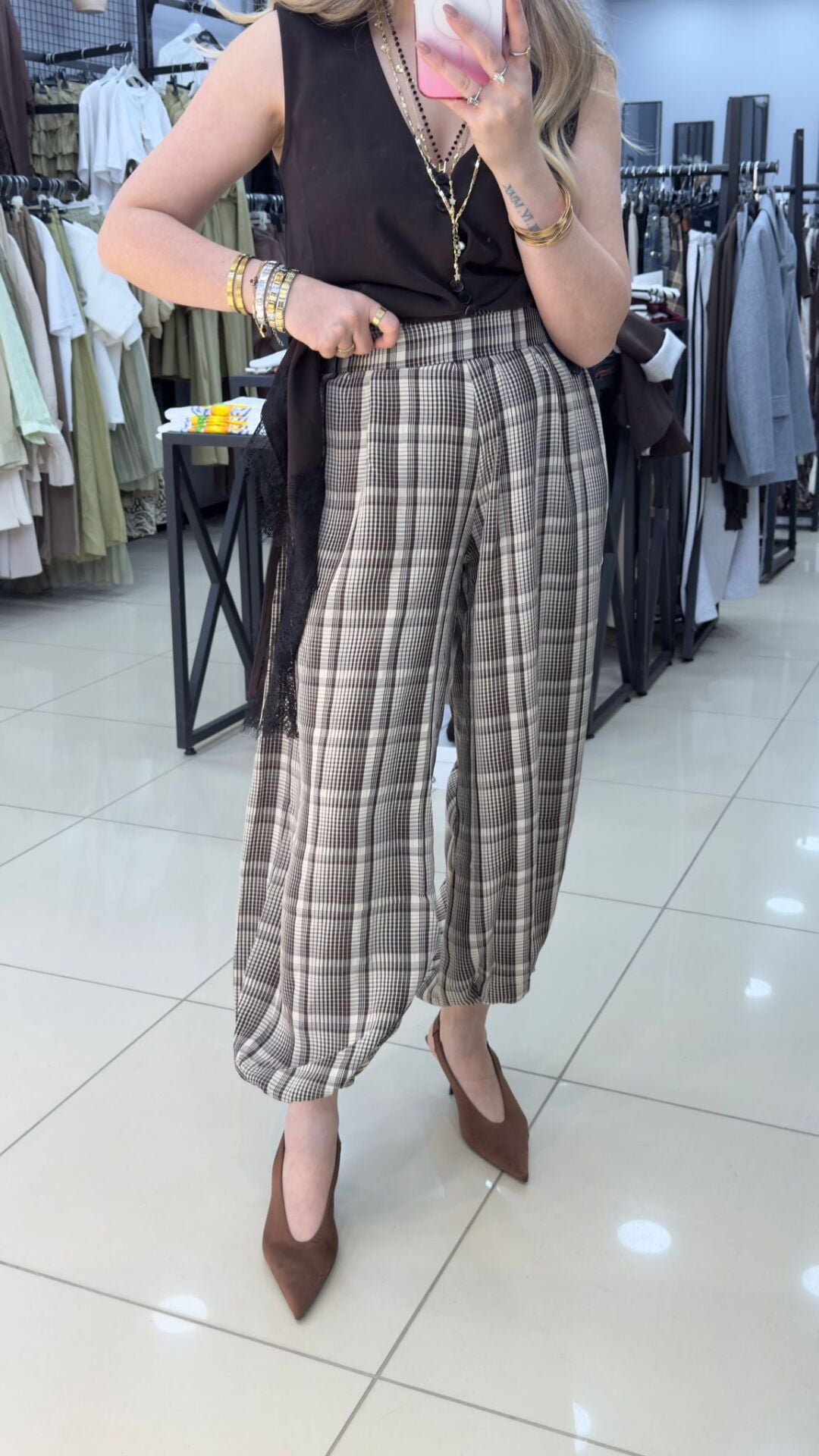 Beli Lastikli Desenli Şalvar Pantolon