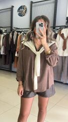 Orj Marka Premium Triko Şal Detaylı Gömlek-KAHVE