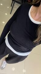 Çİft Parca Görünümlü Uzun Kollu Top-SİYAH