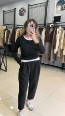 Çİft Parca Görünümlü Uzun Kollu Top-SİYAH