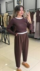 Çİft Parca Görünümlü Uzun Kollu Top-KAHVE