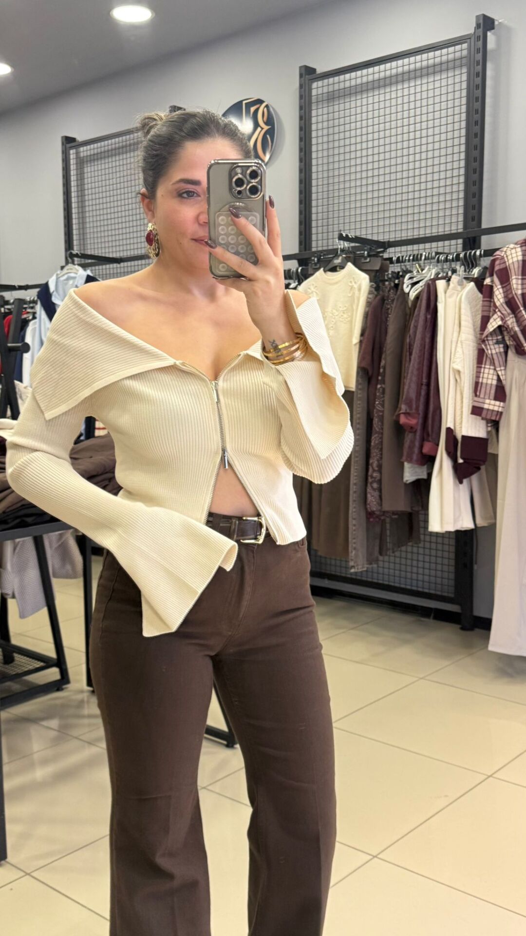 Dilvin Çift Fermuarlı Bluz-EKRU